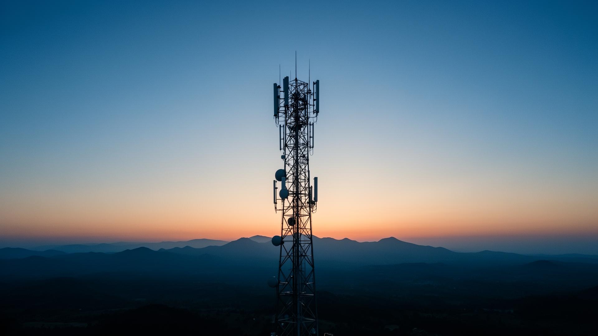Cell tower at sunrise overlooking mountain horizon